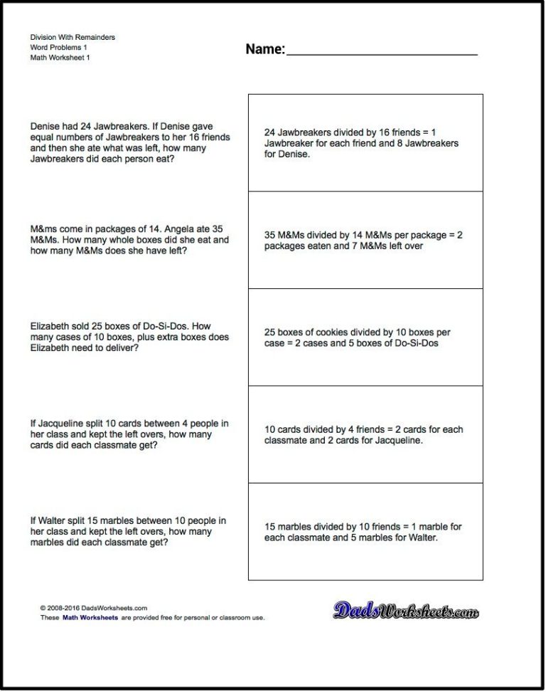 Long Division Word Problems Worksheets