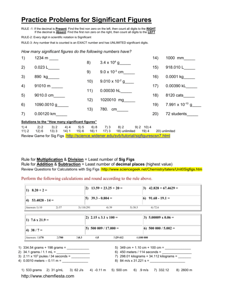 Significant Figures Practice Worksheet Answers Chemfiesta