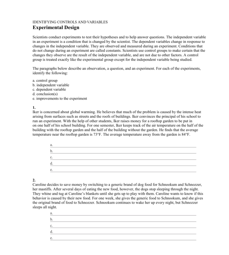Experimental Design Worksheet Psychology