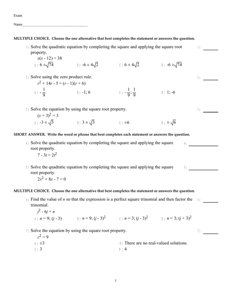 Completing The Square Worksheet Doc