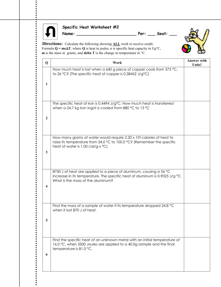 Specific Heat Worksheet #2 Answer Key