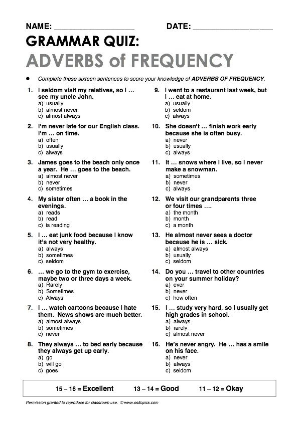 Adverbs Of Frequency Worksheet With Answers