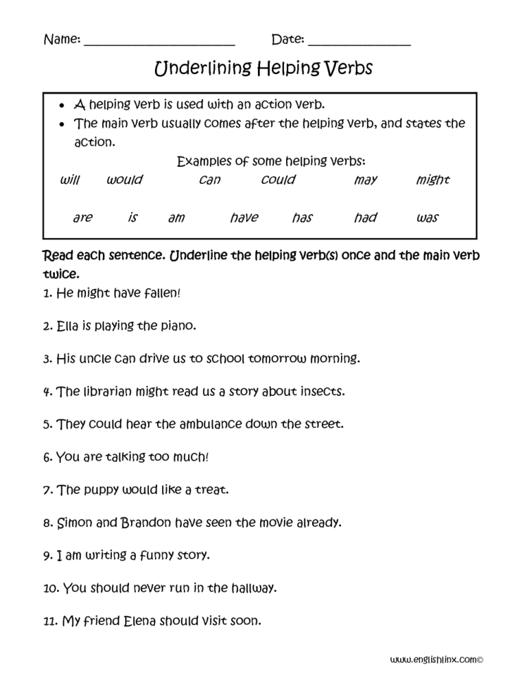 Helping Verbs Worksheet For Class 3