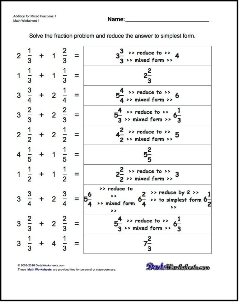 Addition Of Fractions Worksheets With Answers