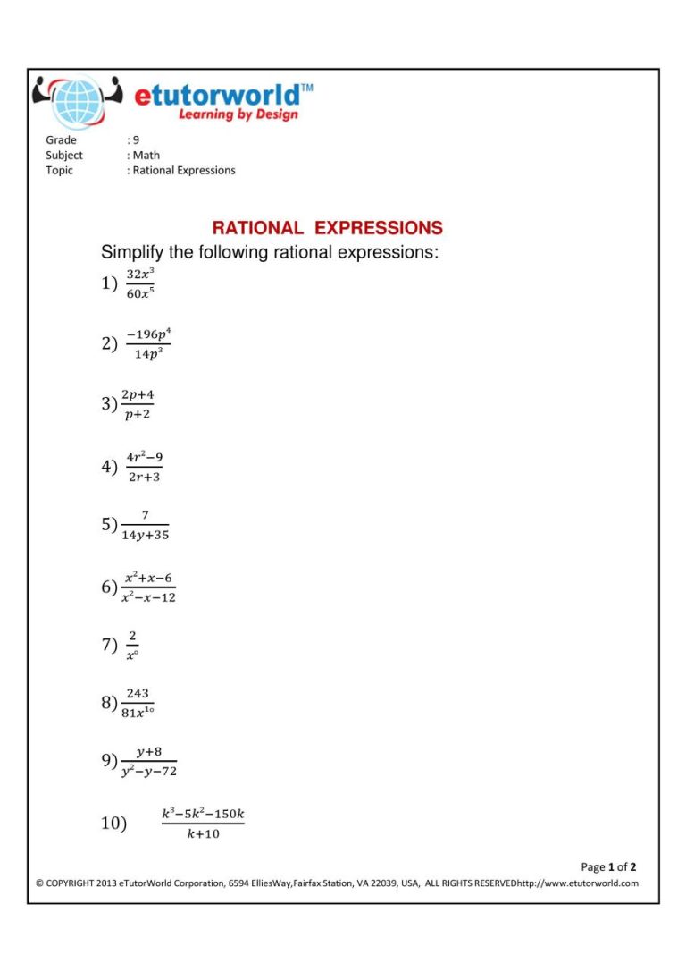 Algebra Simplifying Rational Expressions Worksheet