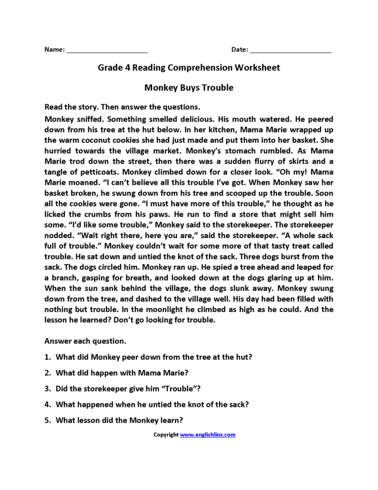 Comprehension Worksheets For Grade 4 Pdf