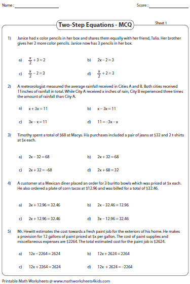Algebra Multi Step Equations Word Problems Worksheet