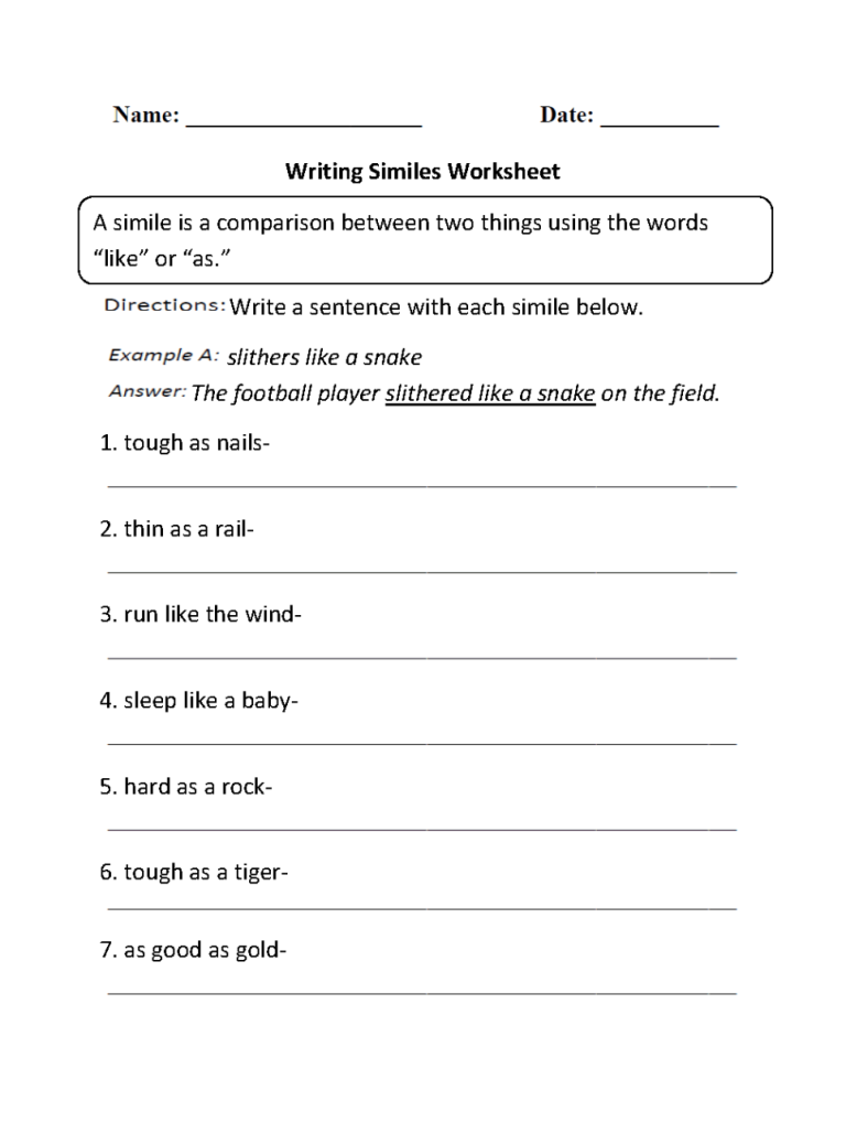 Similes Worksheets For Kids