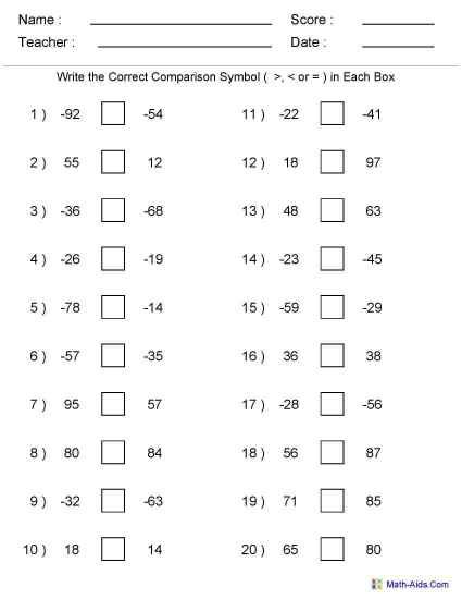 Integers Worksheet Grade 6