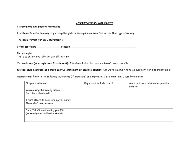 I Statements Worksheets For Couples