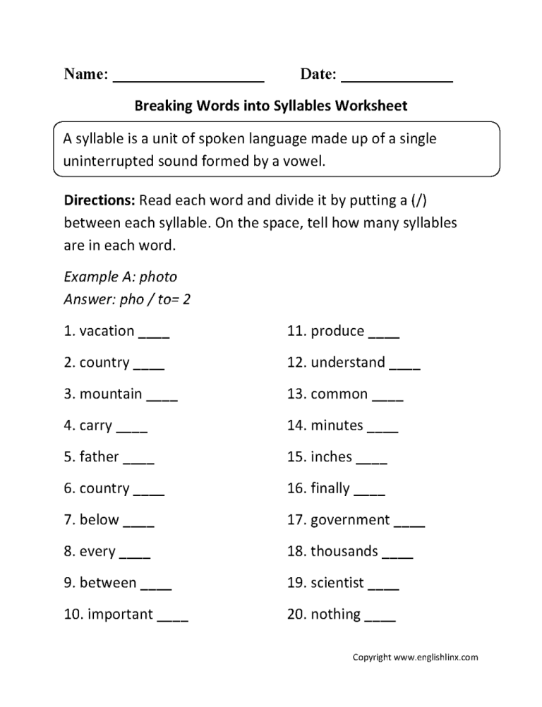 Syllabication Worksheets Pdf
