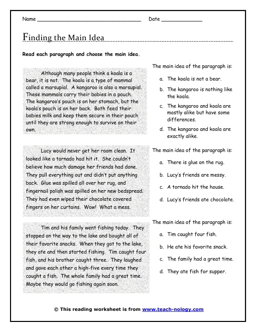 Main Idea Worksheets 5th Grade Multiple Choice