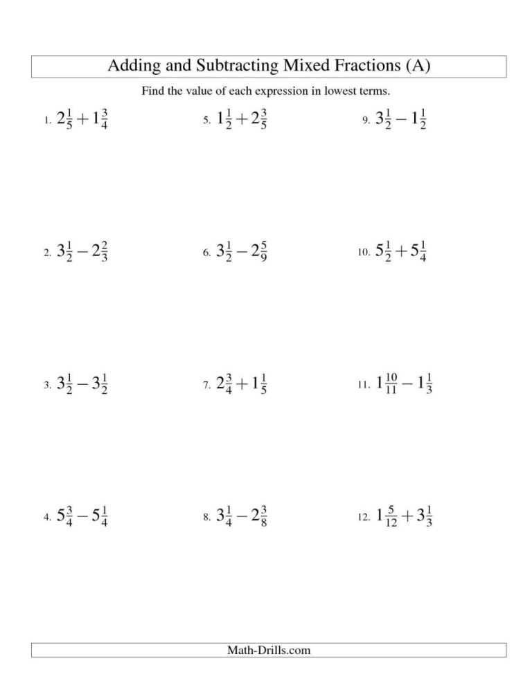 Subtracting Mixed Numbers Worksheet With Answers