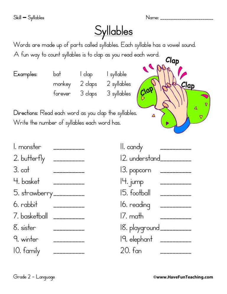 Syllables Worksheet First Grade