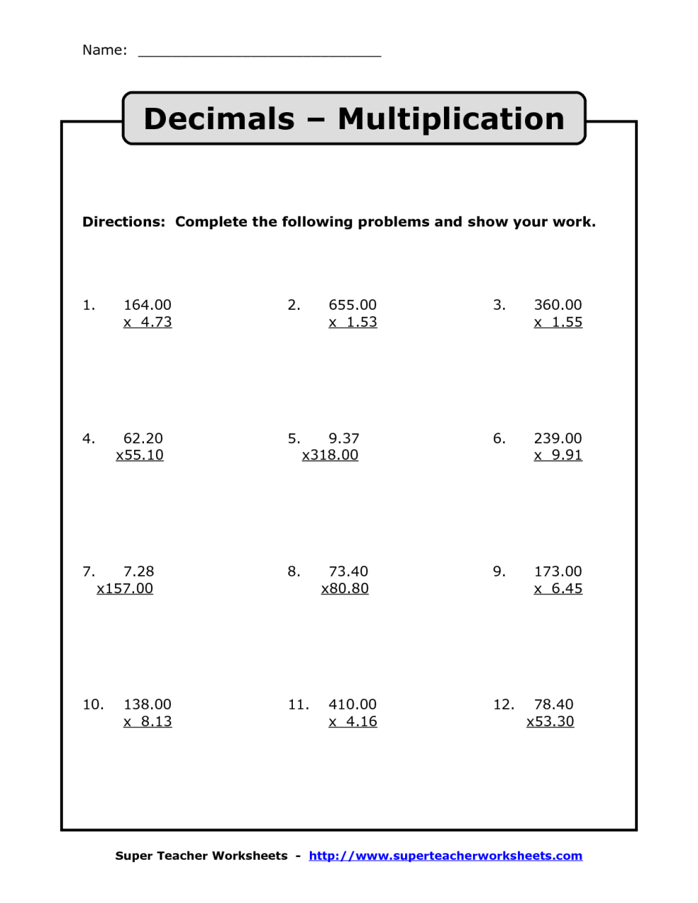Dividing Decimals Worksheet With Answers 6th Grade