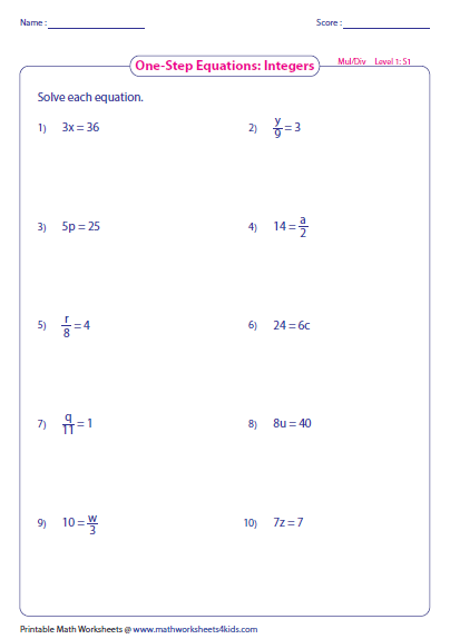 One Step Equations Worksheet Pdf 6th Grade