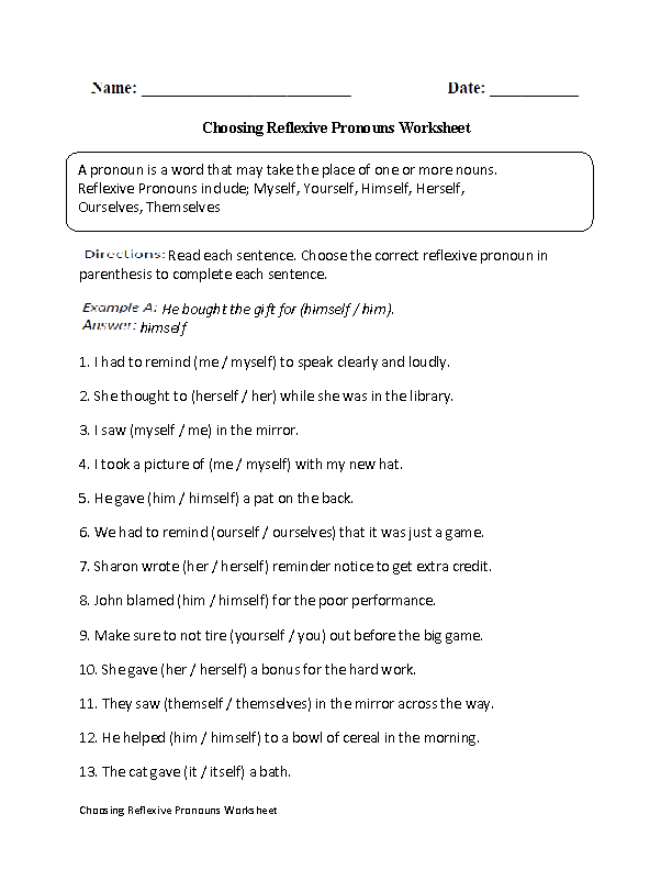 Reflexive Pronouns Worksheet Grade 6