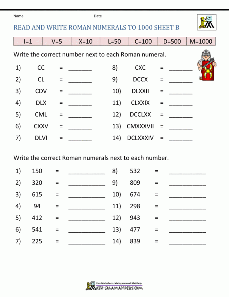 Roman Numerals Worksheet Grade 3