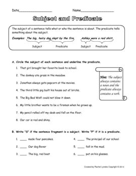 4th Grade Subject And Predicate Worksheets With Answers