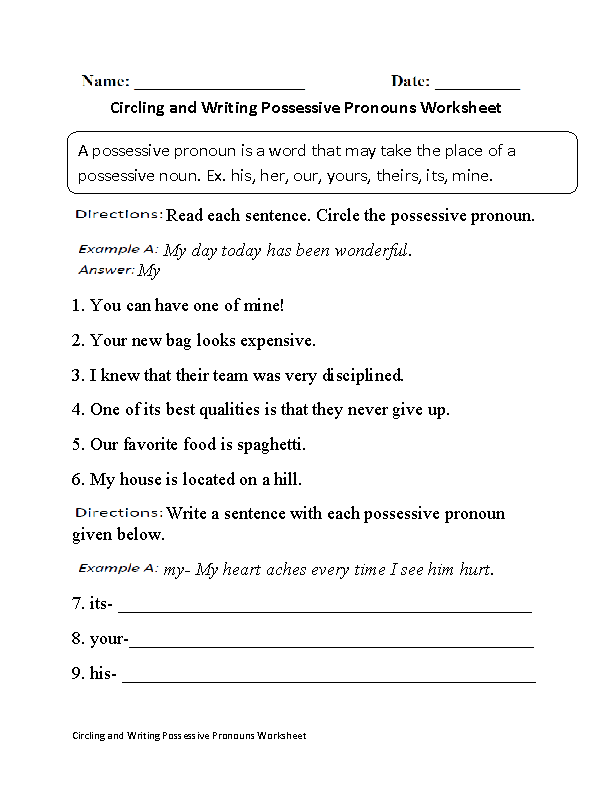 Grammar Worksheet Possessive Pronouns Answer Key