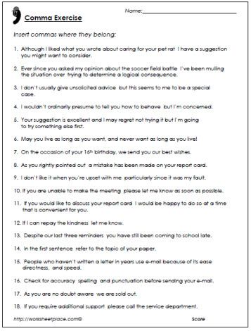 Comma Worksheets 8th Grade