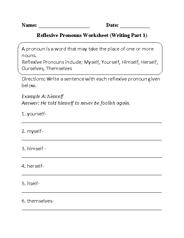 Reflexive Pronouns Worksheets Grade 4