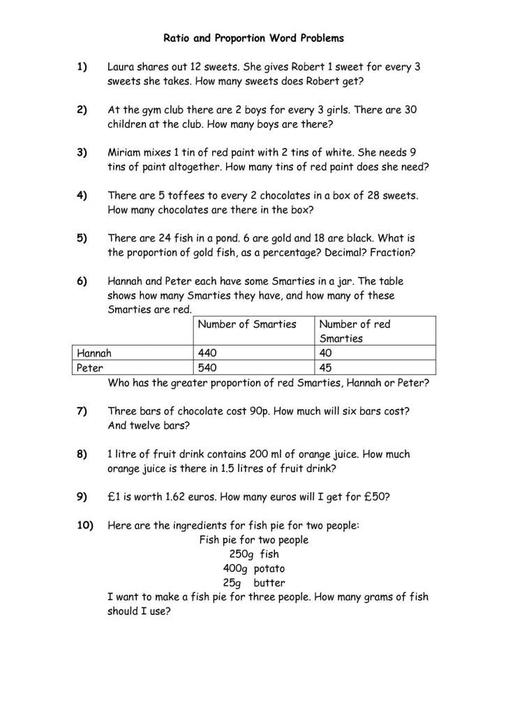 Proportion Word Problems Worksheet With Answers Pdf