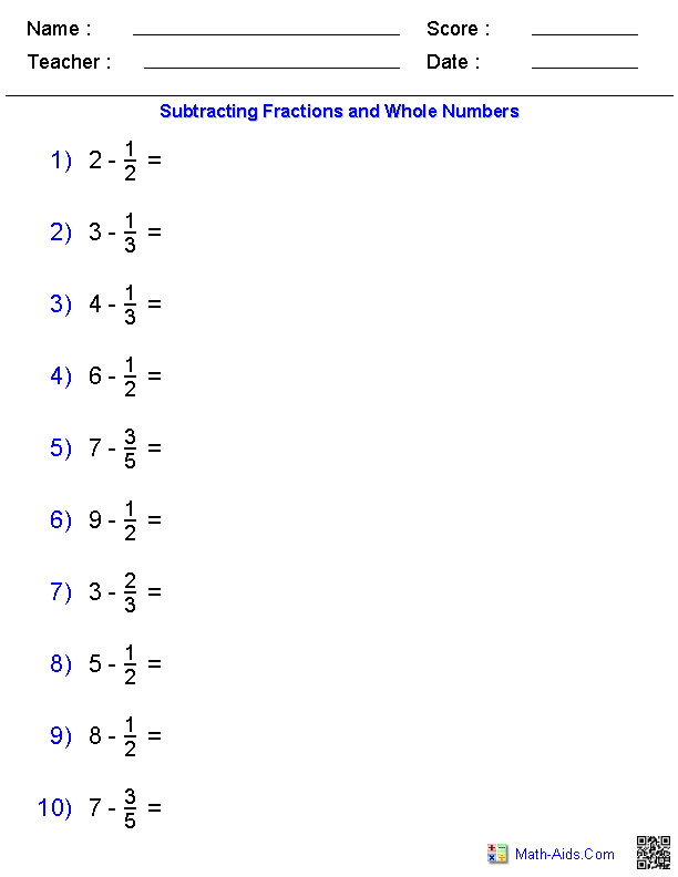 Subtracting Mixed Fractions Worksheets