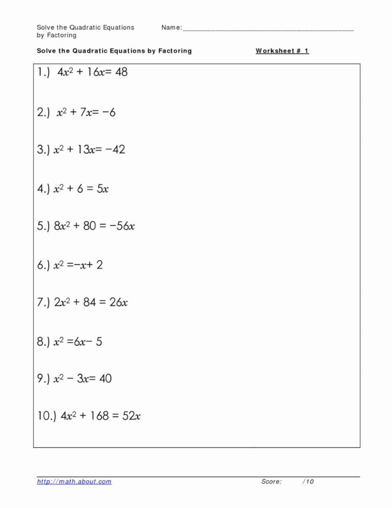 Factoring Quadratics Worksheet A=1