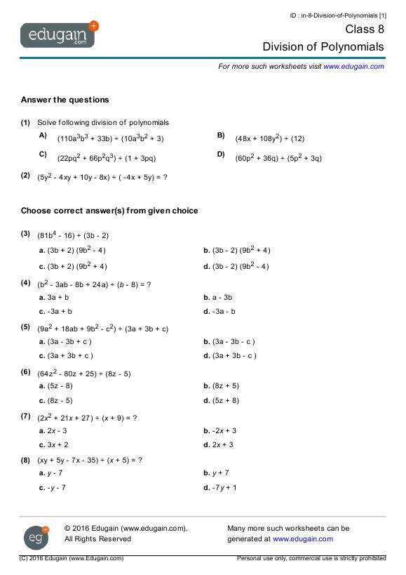 Polynomials Worksheet Grade 8