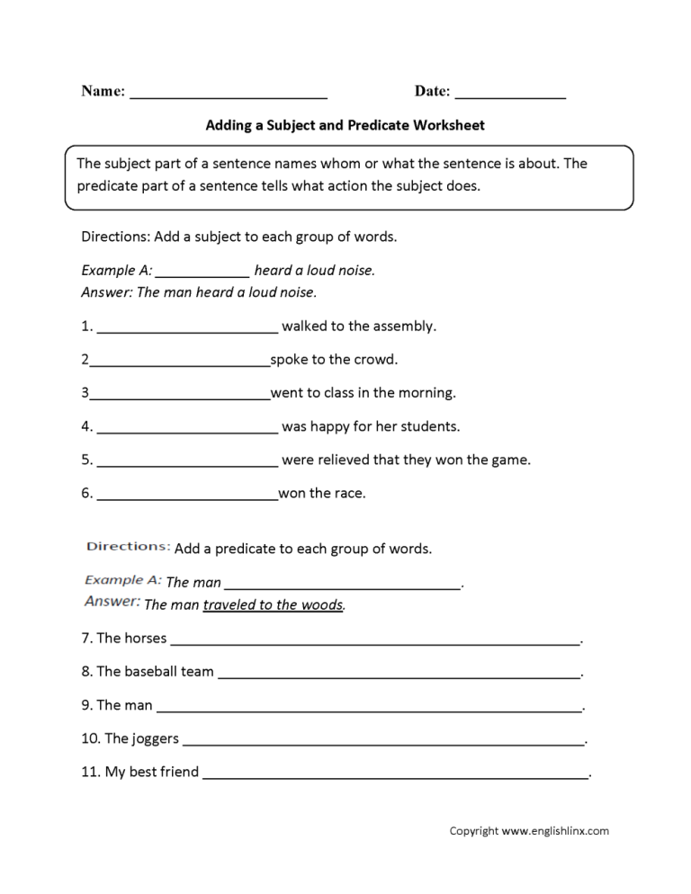 4th Grade Simple Subject And Predicate Worksheet