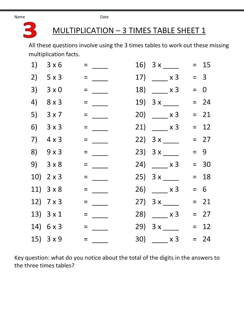 Times Tables Worksheets 1-12 With Answers