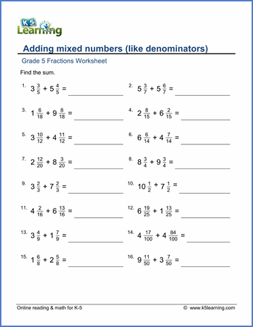 Subtracting Mixed Numbers Worksheets