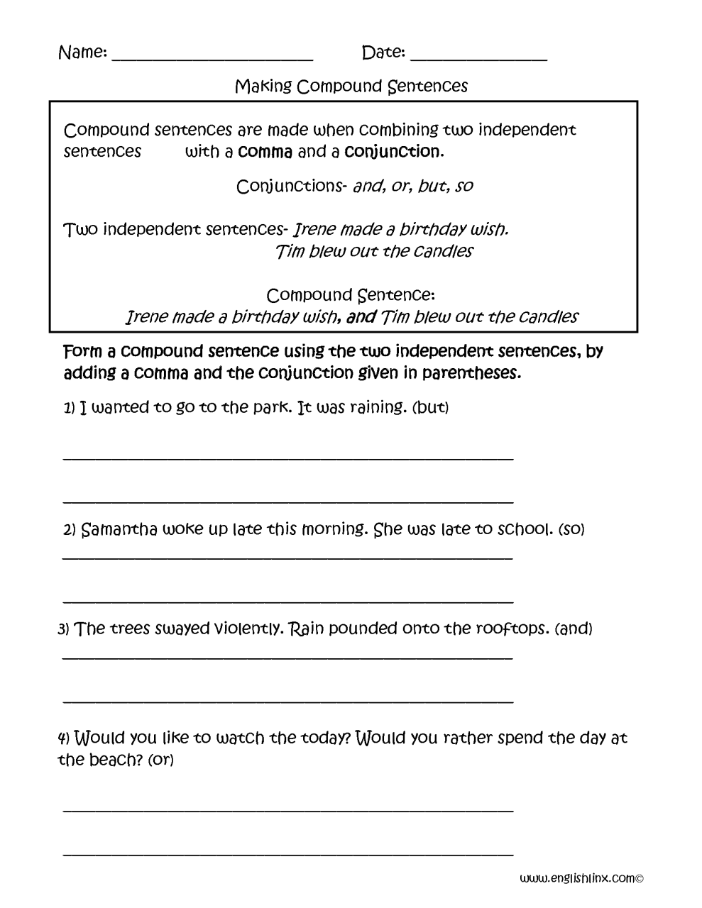 Compound Sentences Worksheet 2nd Grade