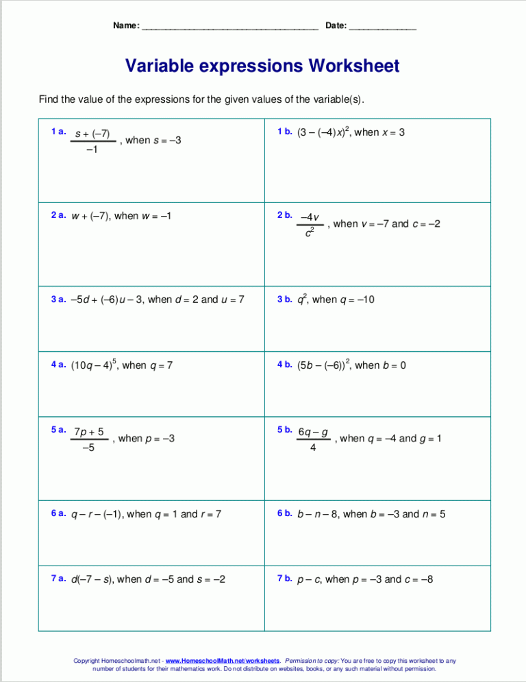 Evaluating Algebraic Expressions Worksheet Grade 9