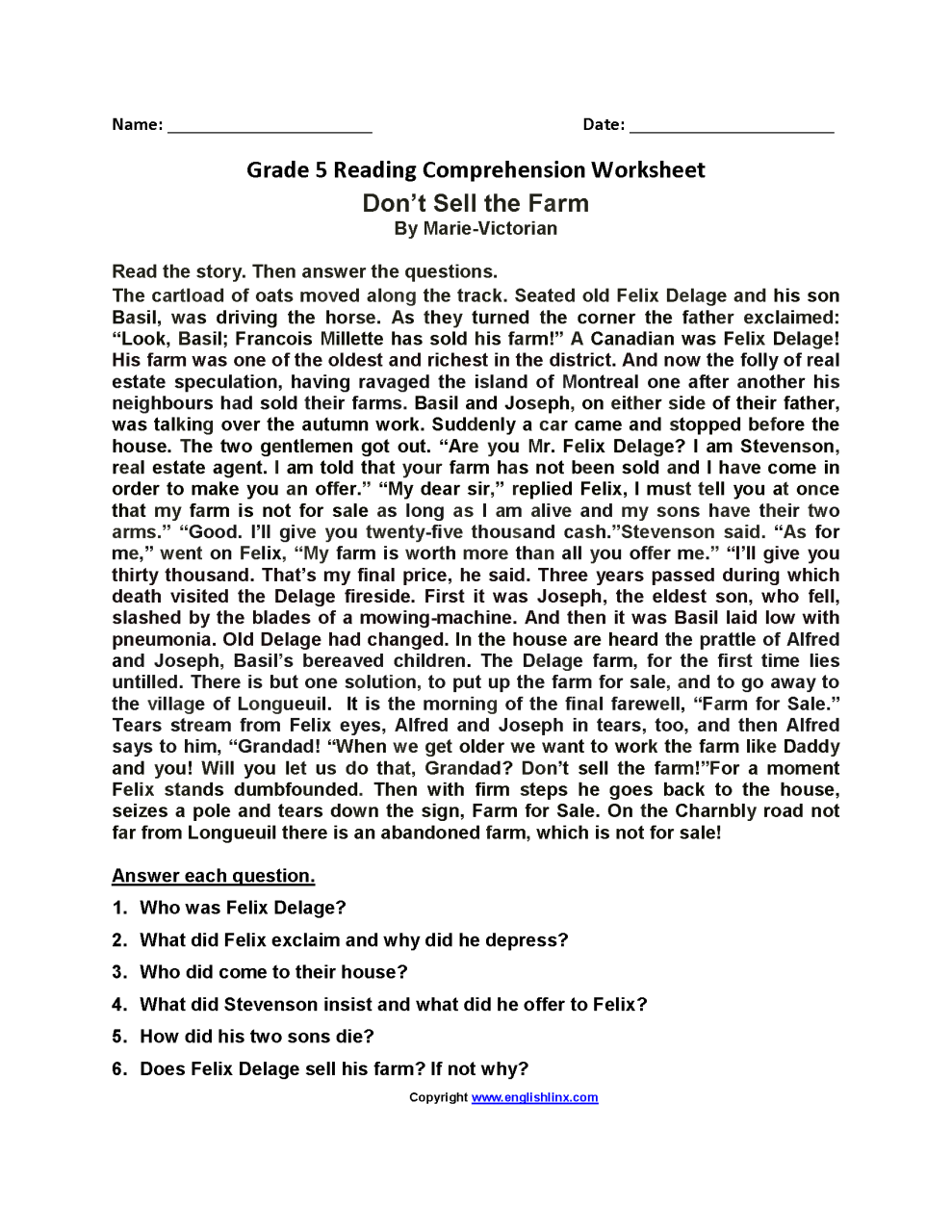 Fifth Grade Reading Comprehension Worksheets 5th Grade