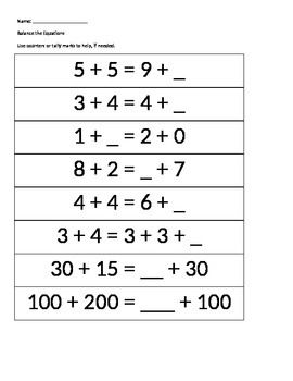 3rd Grade Easy Balancing Equations Worksheet