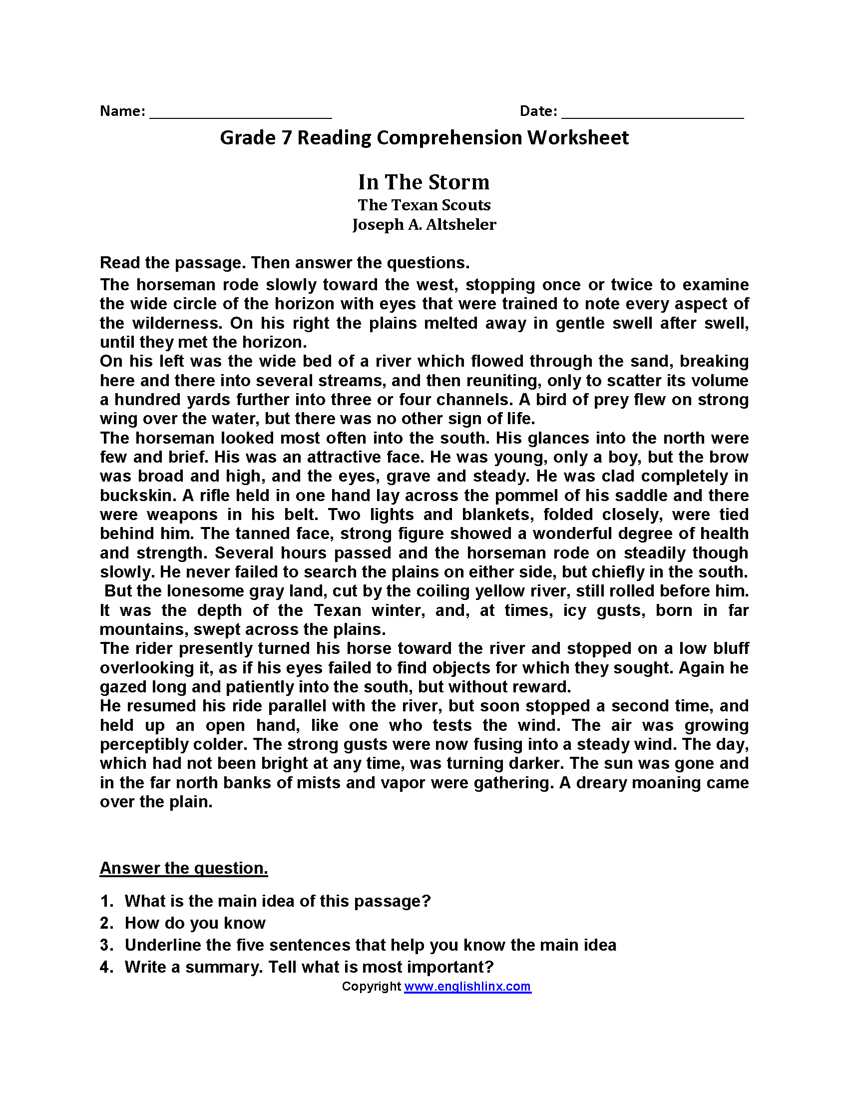 Grade 7 Reading Comprehension Worksheets Pdf