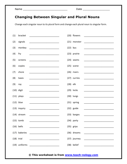 Singular And Plural Nouns Sentences Worksheets