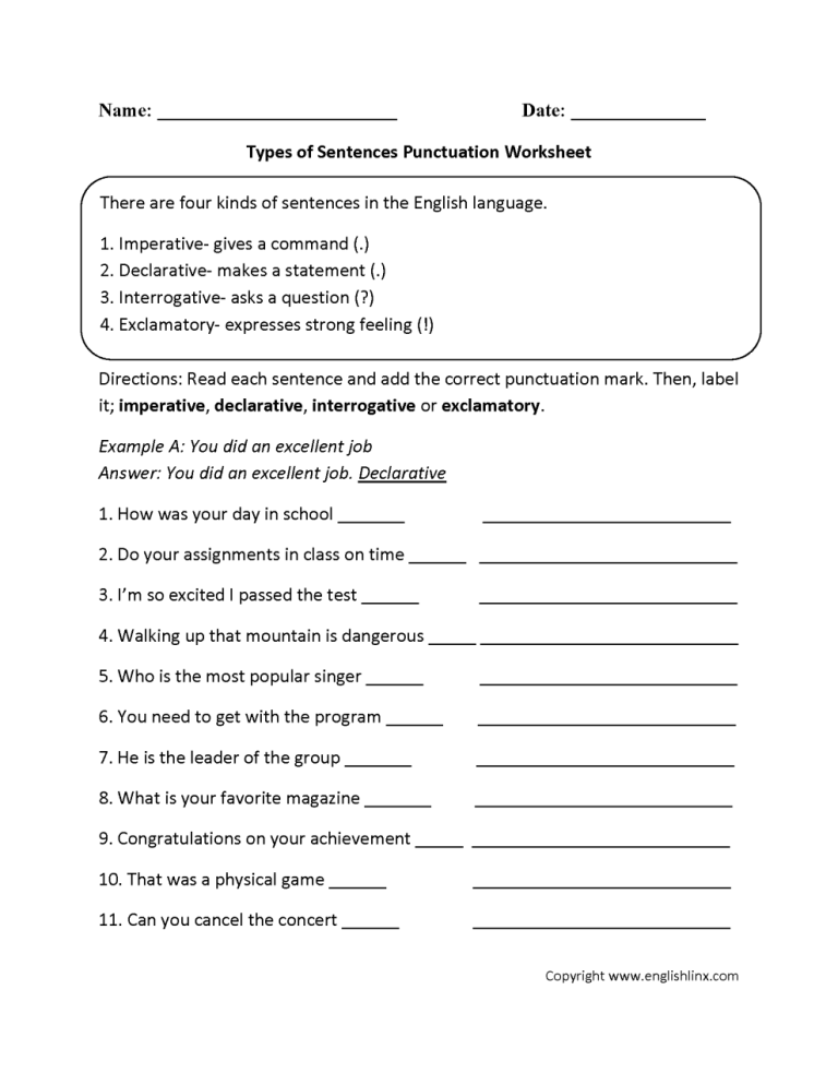 Types Of Sentences Worksheet With Answers Grade 8