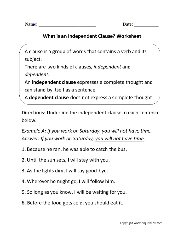 8th Grade Independent And Dependent Clauses Worksheet