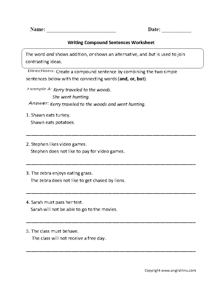 Simple And Compound Sentences Worksheets For Grade 3