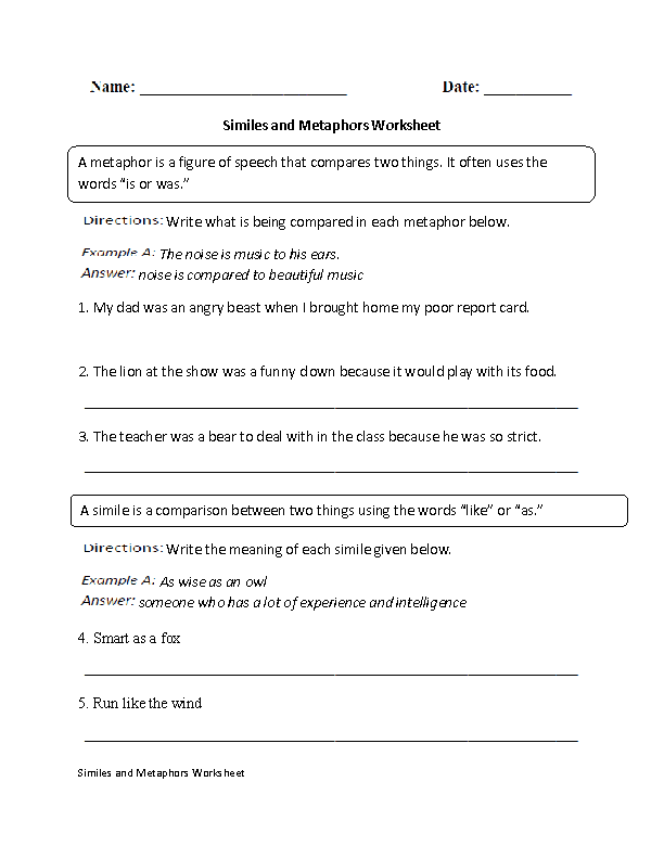 Metaphor Worksheets For Grade 5