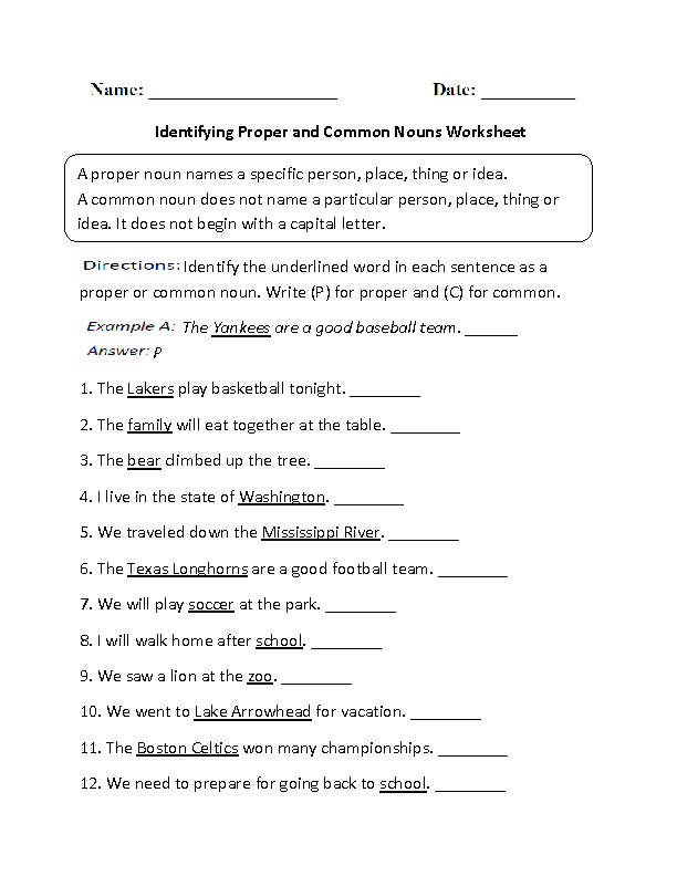 4th Grade Common And Proper Nouns Worksheets For Grade 4