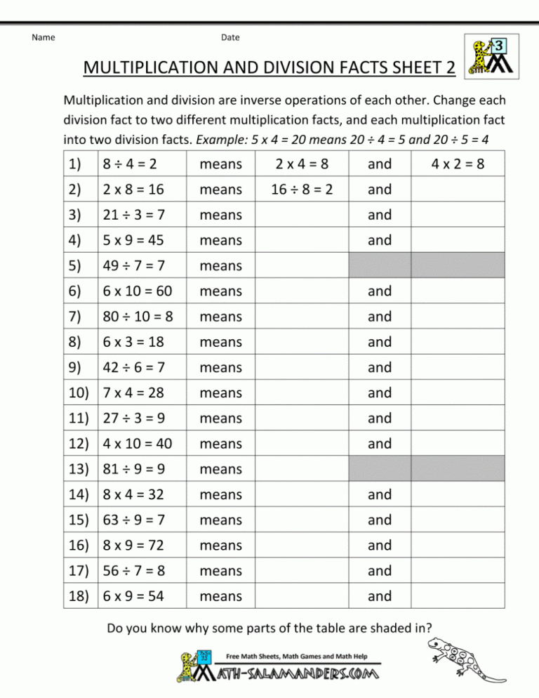 Division Facts Worksheets For Grade 2