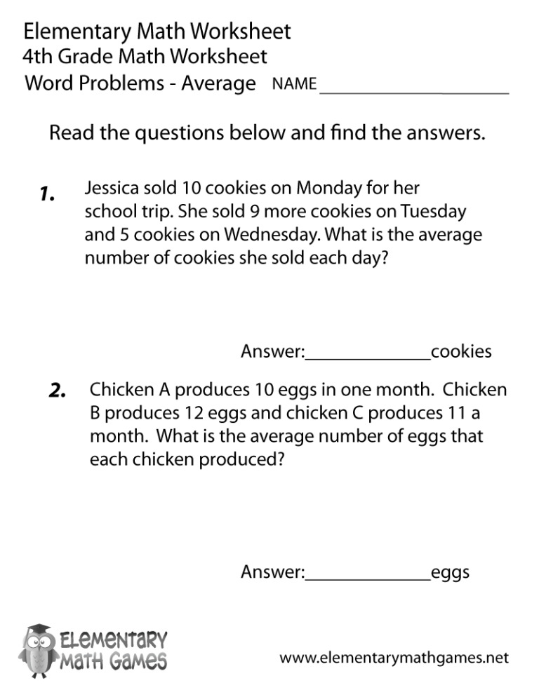 Fourth Grade Math Worksheets Word Problems