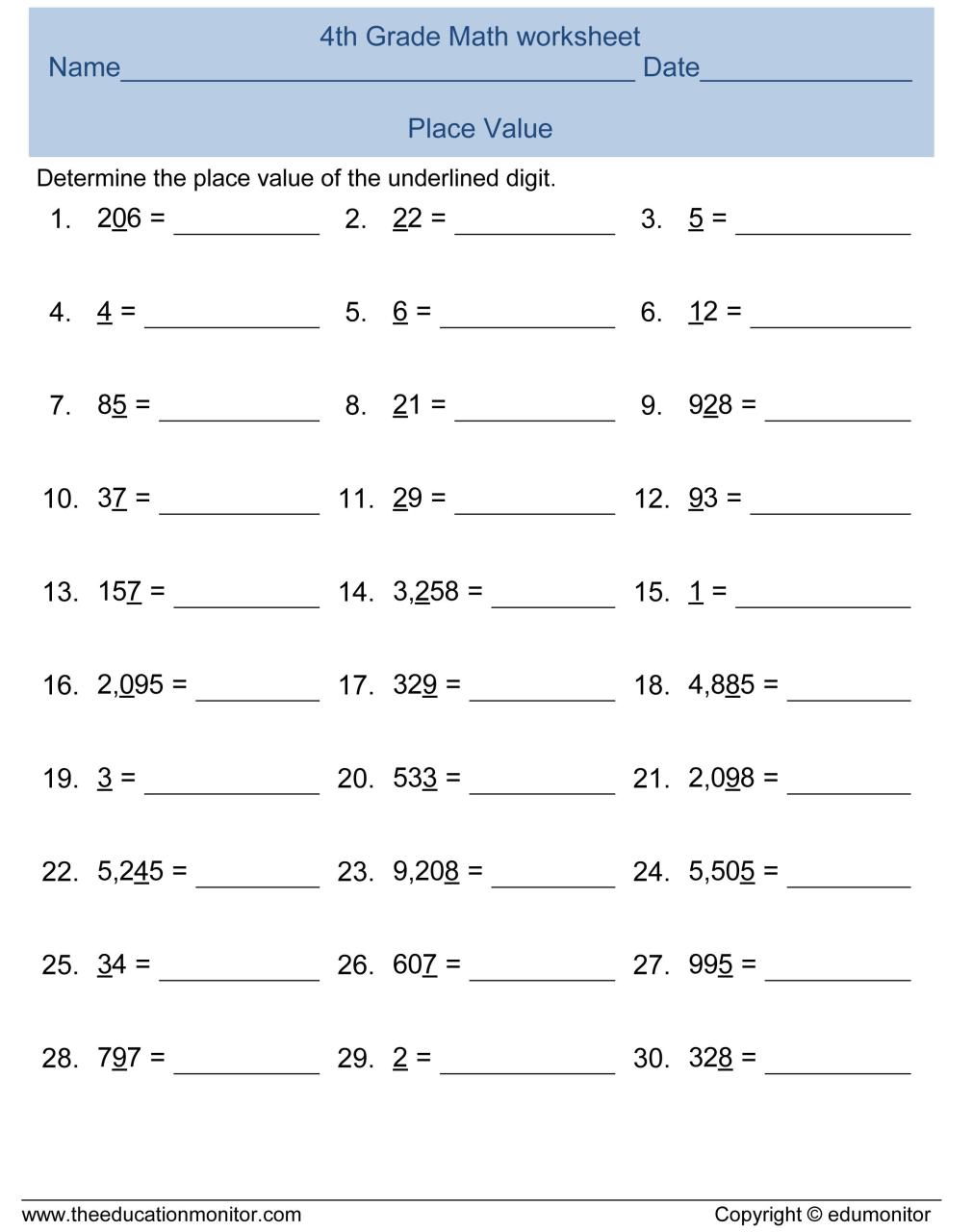 Printable Free Math Worksheets For 4th Grade