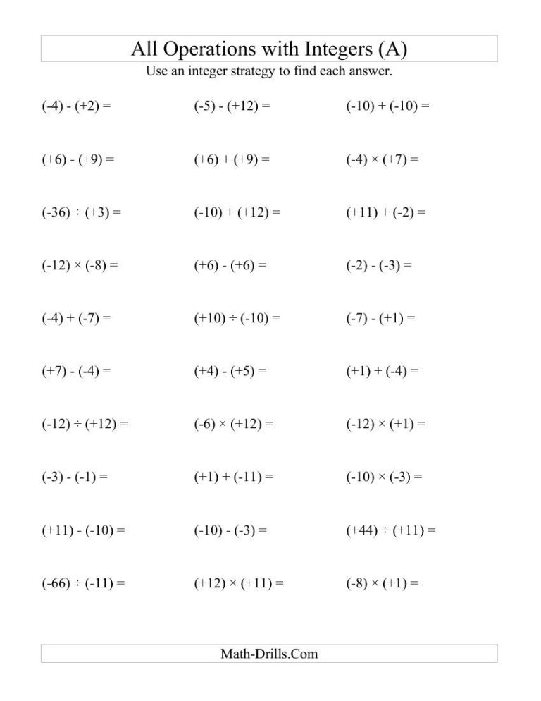 Operations With Integers Worksheet 8th Grade