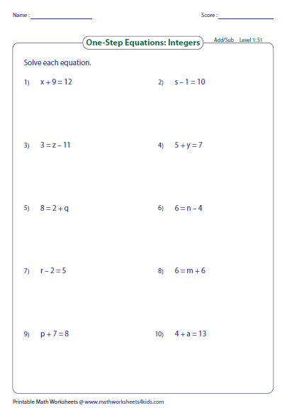 Equations Worksheet Grade 6