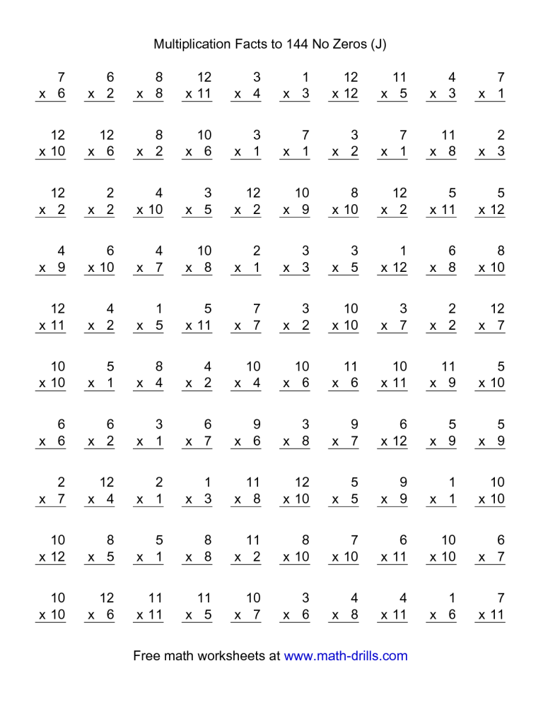Timed Multiplication Worksheets 1-12